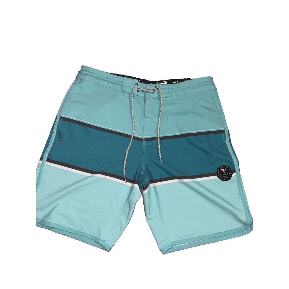Vissla Men's Board Shorts Unlined Size 32 Teal Striped Upcycled Coconut Stretch
